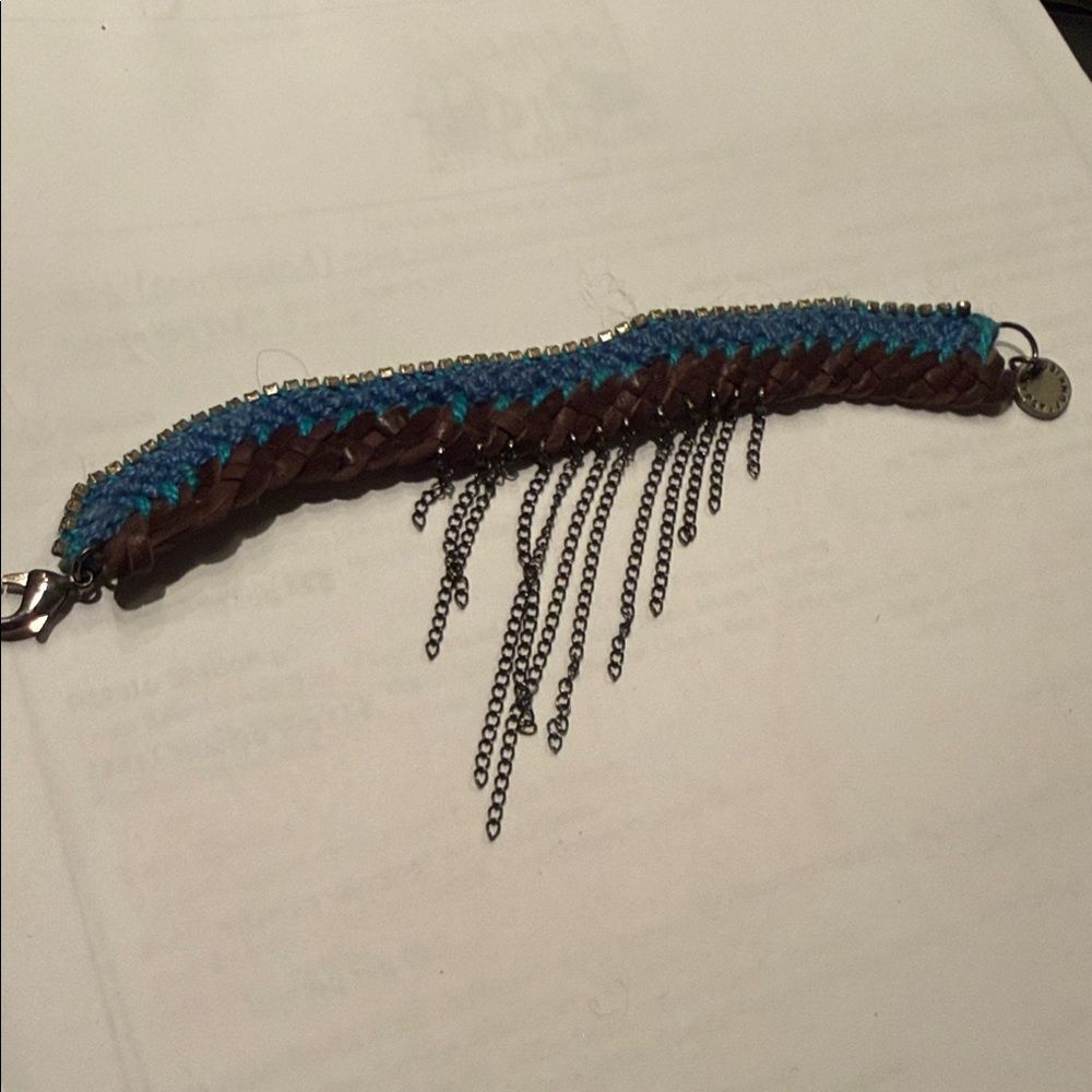 Brown Leather and Blue Beaded Bracelet with Chain Fringe Clasp